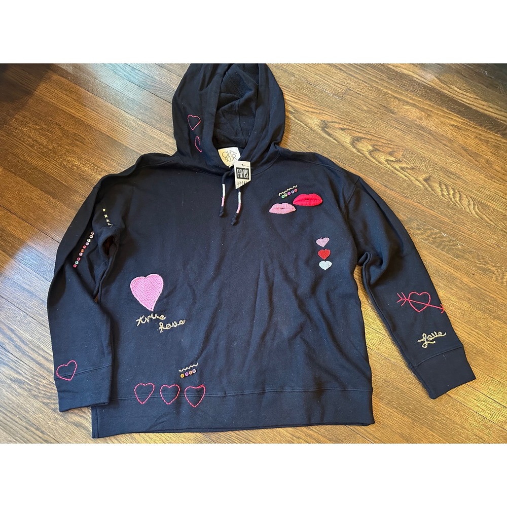 Chaser Play Collection Black Embellished Hoodie Beaded Heart Lips CW8845 L